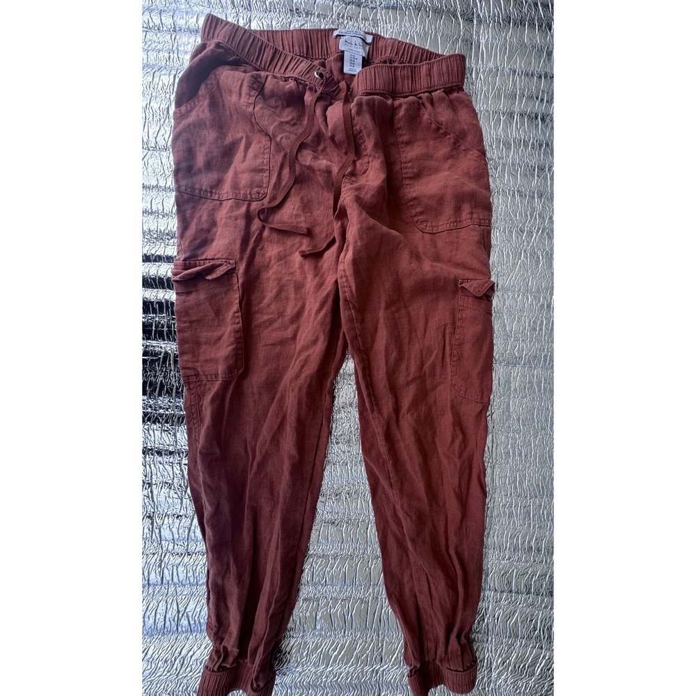 Nicole Miller New York 100% Linen Cargo Jogger Pants Rust Brown Womens Medium